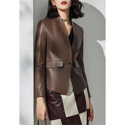 丁摩 绵羊皮真皮皮衣V领修身一粒扣真皮外套SG22026 商品图2