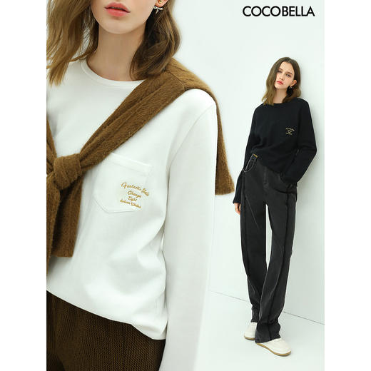 COCOBELLA字母刺绣口袋气质长袖T恤女舒适纯棉打底上衣TS96 商品图0