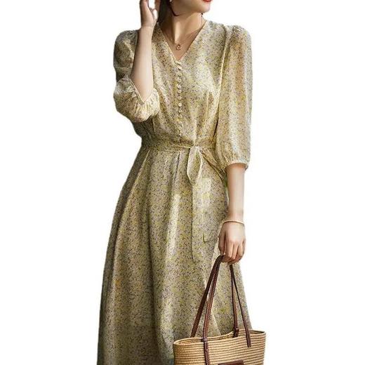 【高货ayts】全新升级【铂金会员431/天猫579/差价148】(12153) 洛诗琳25春季桔梗裙中长款飘带收腰桑蚕丝碎花连衣裙 商品图4