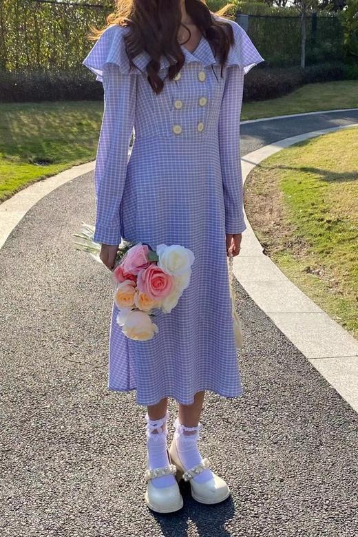 L.Fleuri 紫色娃娃领格纹连衣裙 15874 商品图4