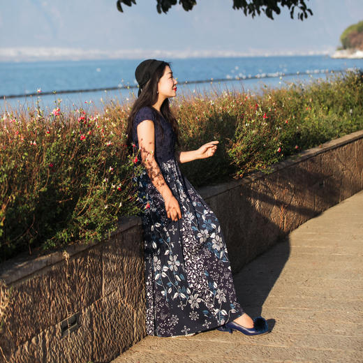 【林栖设计小店】（现货）纯棉水田连衣裙复古蓝印花铁线莲花纹优雅绣花2025春夏新品长裙女1952053 商品图2