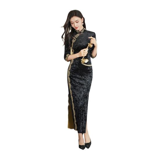 GX老上海复古中国风旗袍2025春新款长款花边黑色旗袍 商品图4