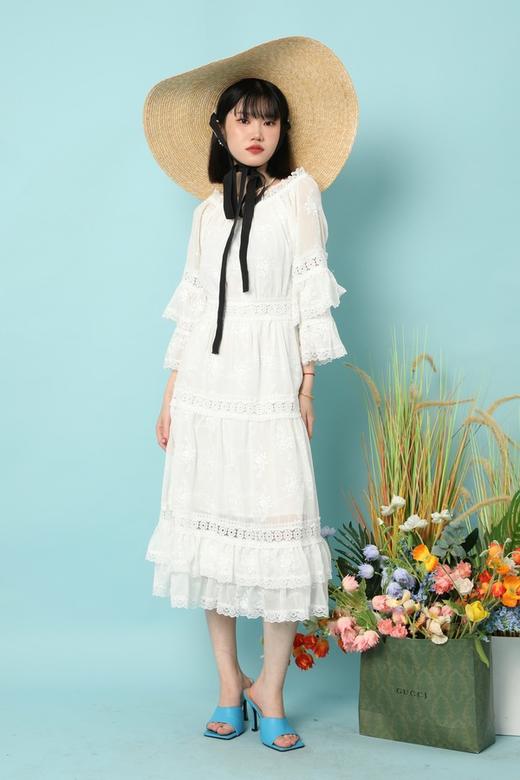 SUMMER & SAGE 浪漫蕾丝一字领花边袖连衣裙 15771 商品图3