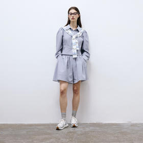 lost in echo2025春夏新款泡泡袖收腰蓝条纹短衬衫荷叶短款裙裤