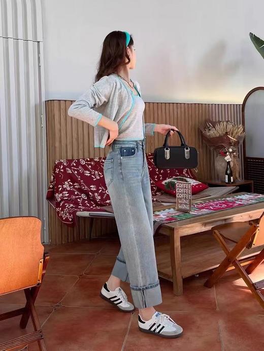 最后一件-【牛仔系】爆犀牛窄版直筒裤小个子女翻边牛仔裤阔腿裤24047-喜出 商品图7