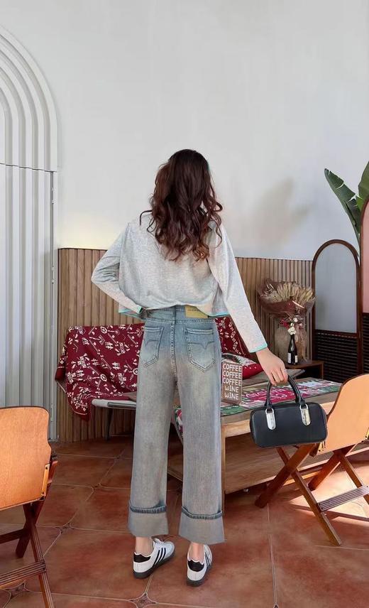 最后一件-【牛仔系】爆犀牛窄版直筒裤小个子女翻边牛仔裤阔腿裤24047-喜出 商品图8