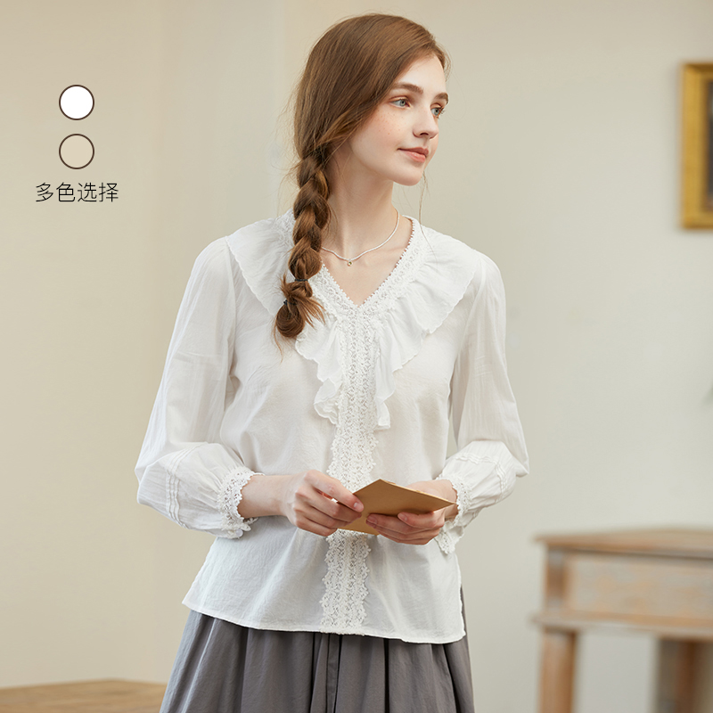 Famecoco范可儿荷叶边全棉文艺范衬衫女长袖套头衬衣F225BD003