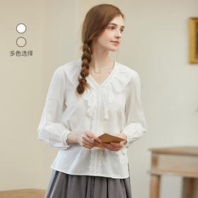 Famecoco范可儿荷叶边全棉文艺范衬衫女长袖套头衬衣F225BD003