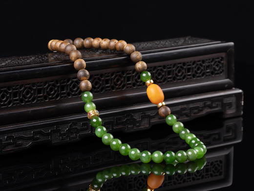 XY0087原创沉香diy碧玉蜜蜡圆珠双圈手串18K金 商品图1