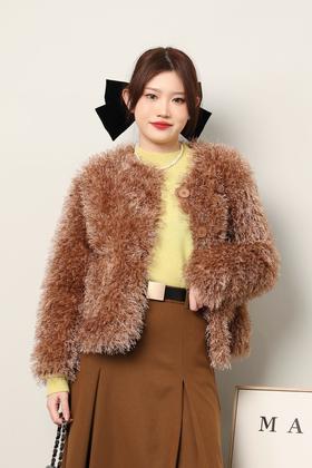 L.Fleuri 个性时髦款咖色毛绒无领外套 17698