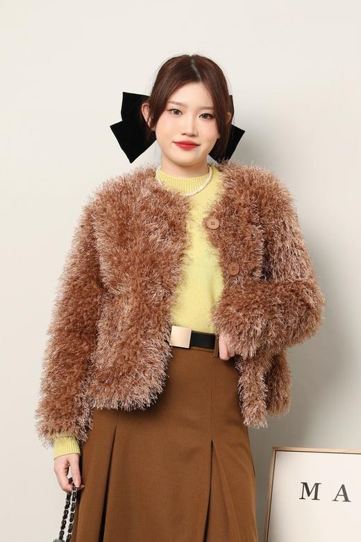 L.Fleuri 个性时髦款咖色毛绒无领外套 17698 商品图0