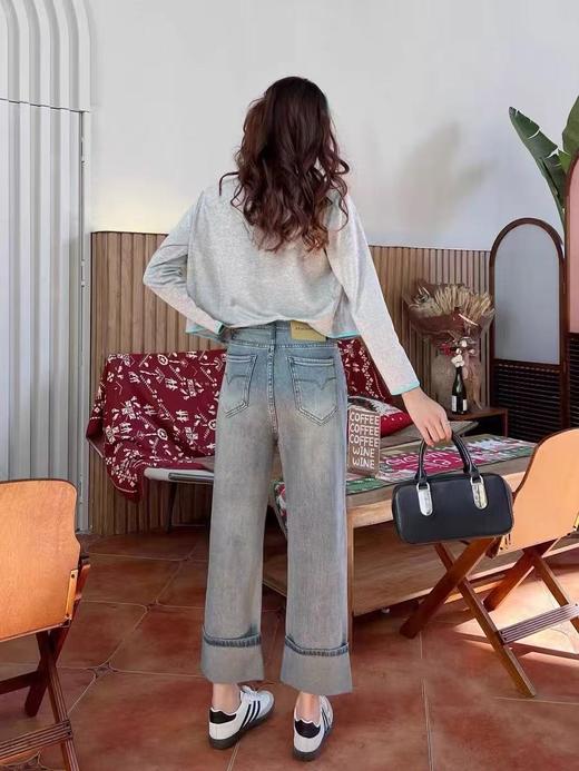 最后一件-【牛仔系】爆犀牛窄版直筒裤小个子女翻边牛仔裤阔腿裤24047-喜出 商品图6