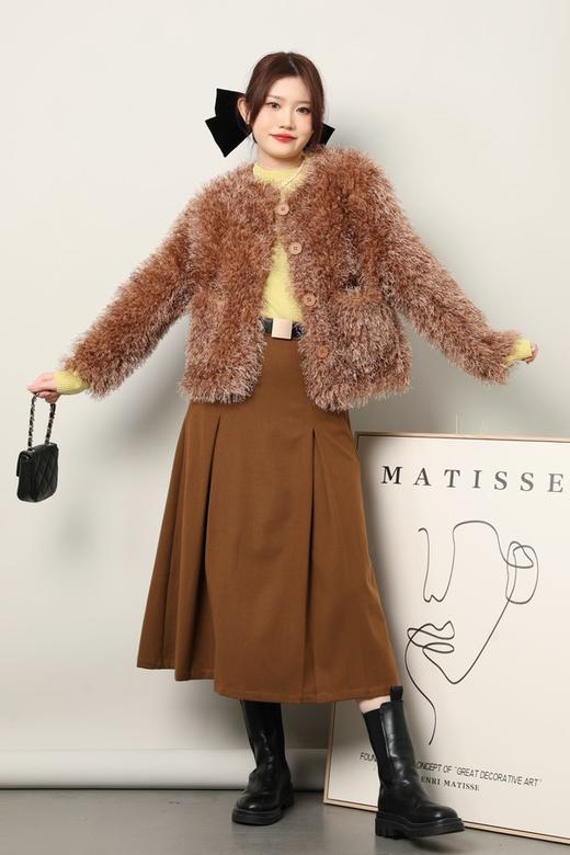 L.Fleuri 个性时髦款咖色毛绒无领外套 17698 商品图1