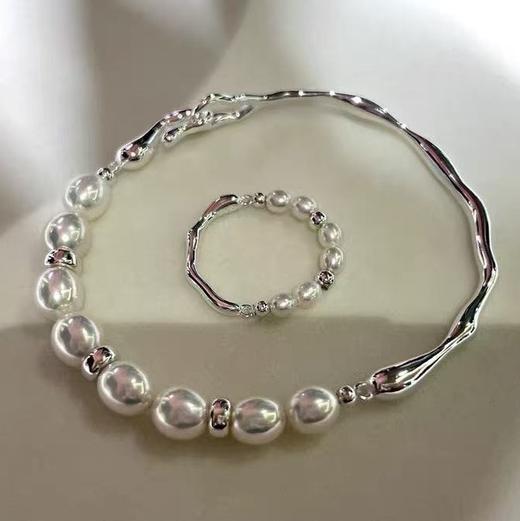 【甄珠贝】小众设计款 不规则拼接天然淡水珍珠手镯  纯银配件 6.5-7mm短米珍珠 戒指4mm近正圆淡水珍珠 商品图1