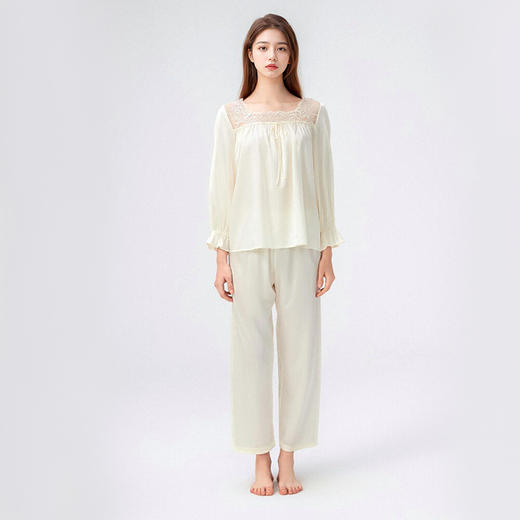 【宫廷风！桑蚕丝长袖家居服】一次真丝睡眠=3次全身SPA，轻盈裸感无束缚，低敏亲肤透气散热，100%桑蚕丝公主风长袖方领法式家居服套装QQ 商品图5