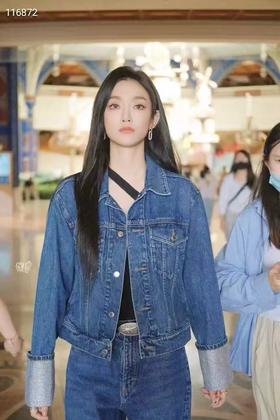 【外套】明星同款水晶宽袖口烫钻高级感牛仔外套-喜出