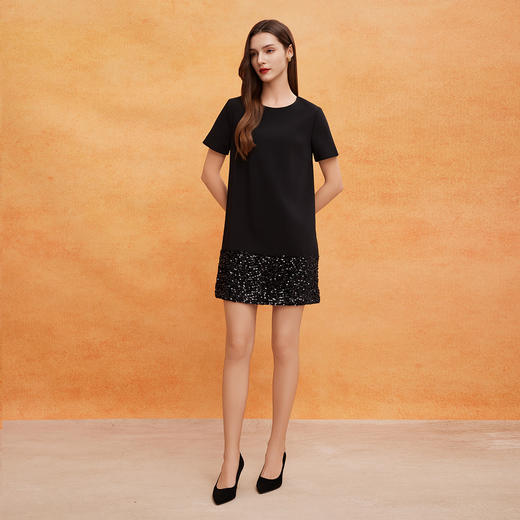 QE820斯尔丽2025春季新款宴会轻奢小礼服直身膝上显高拼接亮片连衣裙 商品图8