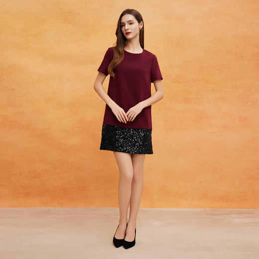 QE820斯尔丽2025春季新款宴会轻奢小礼服直身膝上显高拼接亮片连衣裙 商品图3