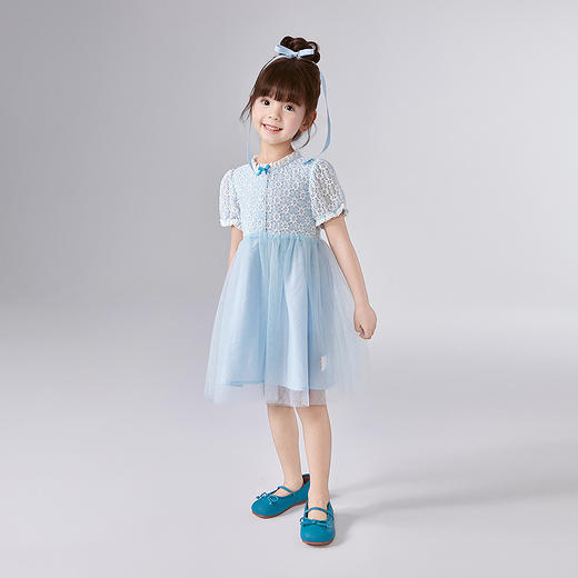 笛莎Deesha 童装女童连衣裙2025夏新款女童蓝色小花弹力皱皱布A字纱裙 商品图2