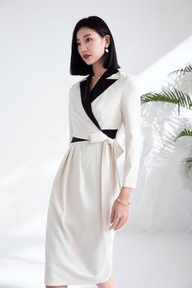 Le Malene 黑白拼接西装领系带连衣裙 15784