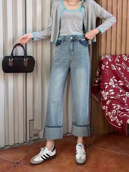 最后一件-【牛仔系】爆犀牛窄版直筒裤小个子女翻边牛仔裤阔腿裤24047-喜出 商品图1