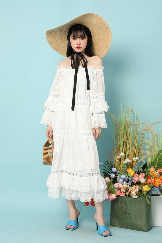 SUMMER & SAGE 浪漫蕾丝一字领花边袖连衣裙 15771 商品图0