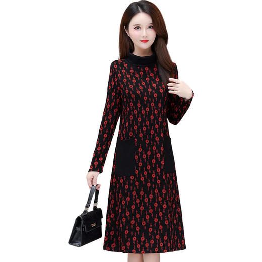 QYMCR-SMN37 中长款加绒印花连衣裙女2025年春季新款韩版修身气质时尚打底裙 商品图5