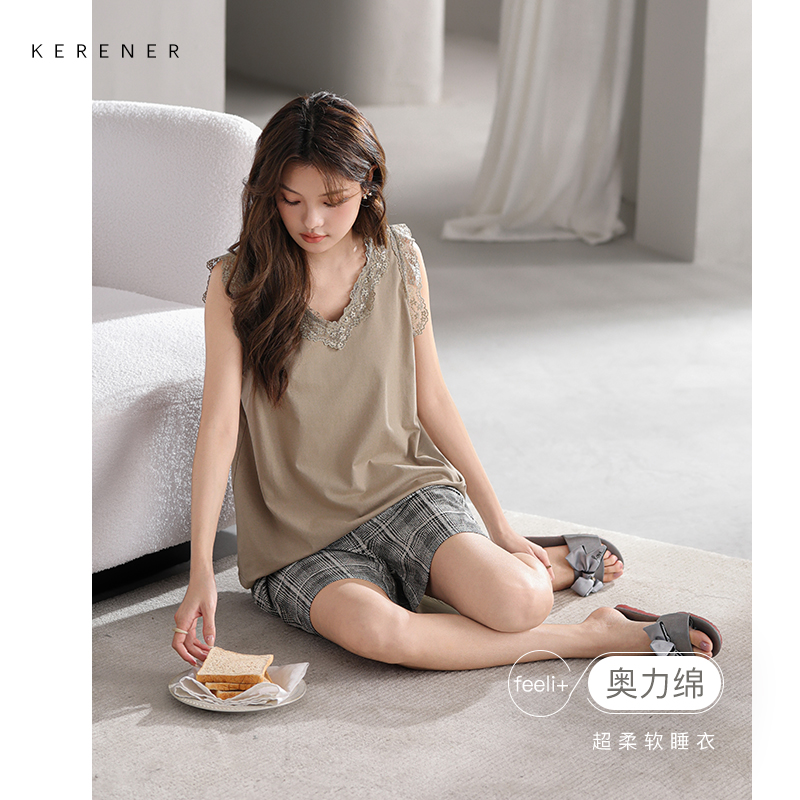 可人儿小众设计师新款奥力绵夏季吊带女士睡衣可外出家居服套装