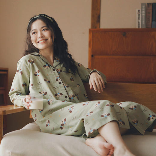 【全棉双层纱】2025新款情侣睡衣生日狗印花纯棉纱布卡通家居服睡裙 全棉男士长袖套装女春季 商品图2