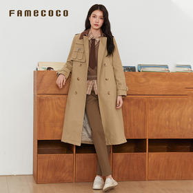 Famecoco范可儿风衣长款双排扣高腰撞色翻领外套通勤FAB6AT005