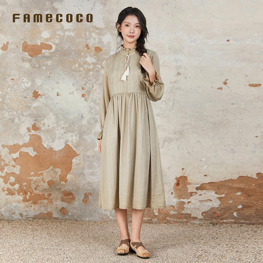 Famecoco女装连衣裙高腰长裙花瓣袖花边领女FAB6FA012 商品图0