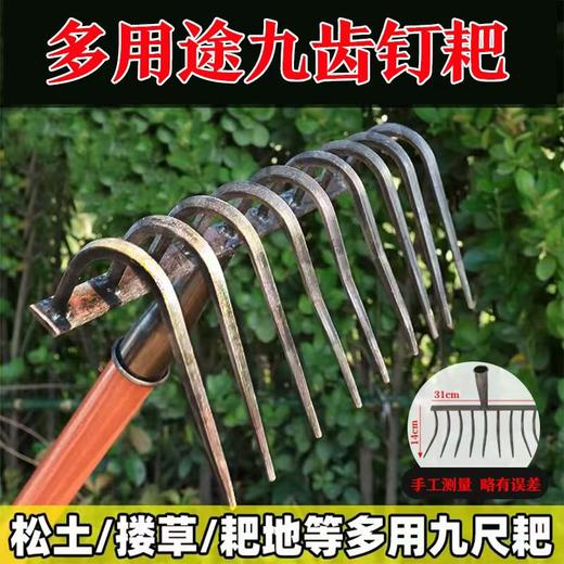 农用铁耙子平地搂草工具多功能刨地扒草农具九齿钉耙松土神器 商品图1