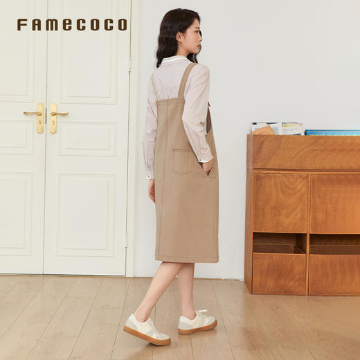 Famecoco文艺范明线宽松直筒纯棉背带连衣裙春秋款FAB6FE001 商品图2