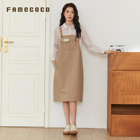 Famecoco文艺范明线宽松直筒纯棉背带连衣裙春秋款FAB6FE001