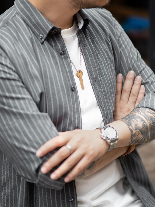 【磨毛双股细条纹】蓝色竖条纹长袖衬衫 商品图2