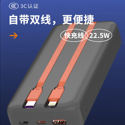 「快充款！2万毫安」3C认证大容量移动电源自带线 22.5w快充 充电宝数码配件 商品图3