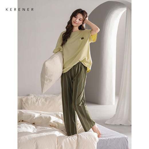 可人儿小众设计师新款奥力绵女士睡衣春夏短袖可外出家居服套装 商品图1