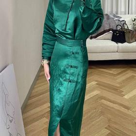 顺丰包邮洛诗琳34326新中式丝麻盘扣侧开叉直筒半身裙85067