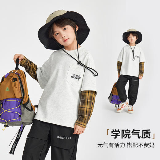 【团购价59.9】多多家男童卫衣衬衫假两件春秋季2025新款儿童中大童格纹圆领上衣10350 商品图1