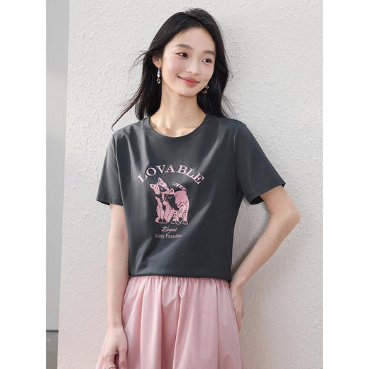 【专属特价】熙世界猫咪印花短袖T恤女2025春夏新款美式正肩体恤圆领别致上衣 商品图4