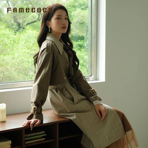 Famecoco商场同款风衣长款假两件拼接高腰翻领通勤春款FAB6AT004 商品图1