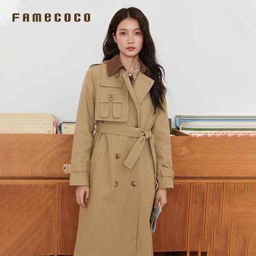 Famecoco范可儿风衣长款双排扣高腰撞色翻领外套通勤FAB6AT005 商品图2