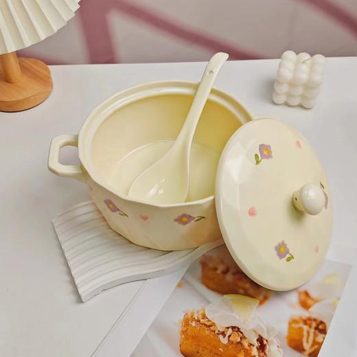 【奶油风汤碗】釉下彩奶油风双耳汤碗大号家用陶瓷带盖泡面碗螺蛳粉汤盆炖汤锅。ry 商品图1