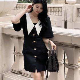 顺丰包邮洛诗琳34658夏季新款复古宫廷风撞色翻领羊毛连衣裙3997