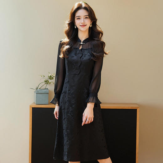 奢姿2025年春季新款大码女装气质优雅立领连衣裙遮肚藏肉裙子9951857172 商品图3