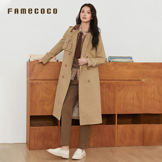 Famecoco范可儿风衣长款双排扣高腰撞色翻领外套通勤FAB6AT005 商品图1