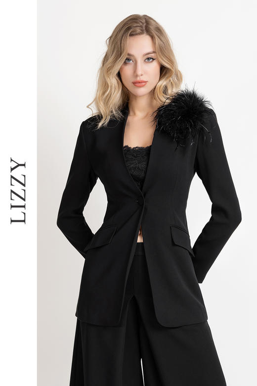 LIZZY早秋V领西装外套女长袖优雅时尚西装外套西服上衣配胸花8006 商品图4