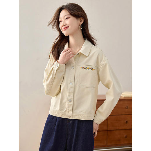 【年货节】熙世界工装风口袋绣花牛仔外套女春秋新款100%新疆棉短款夹克上衣 商品图3