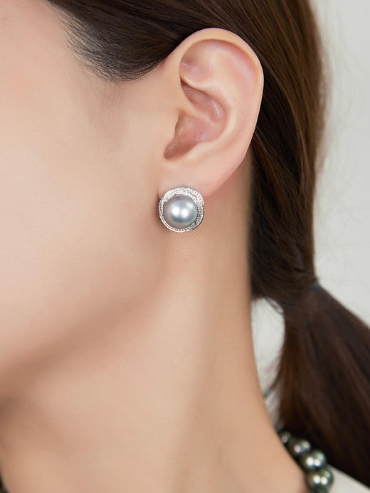 【挚友限定】 18k金大溪地铂金灰珍珠钻石耳夹  环耀 商品图1