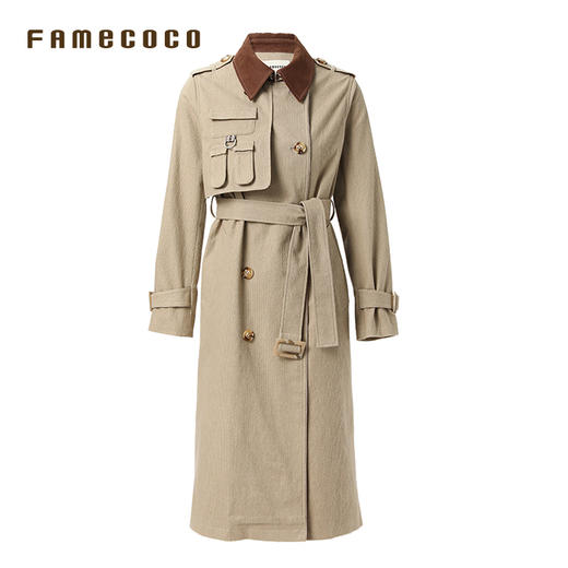 Famecoco范可儿风衣长款双排扣高腰撞色翻领外套通勤FAB6AT005 商品图3